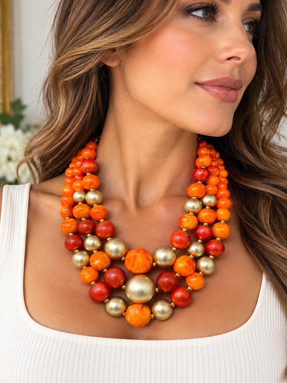 Vintage Marbled Lucite Bead Statement Necklace Orange Red Gold Tone 18”